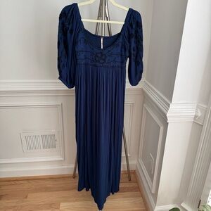 Free People Navy Blue Embroidered Boho Dress 3/4 Sleeves Size M
